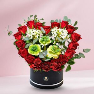 red rose harmony – kale & ornis white arrangement