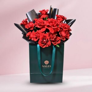 luxury 15 red roses arrangement in signature green bag