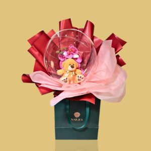 teddy bear & pink orchid balloon gift in green bag