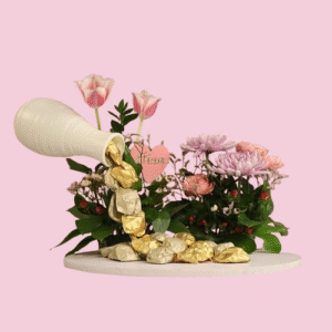 chic pink flower & chocolate arrangement on round tray