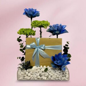 premium personalized gift arrangement – blue roses & green blooms