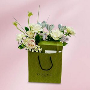 luxury floral arrangement – white roses, tulips & green hypericum