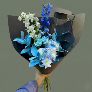 graduation bouquet with blue chrysanthemum, delphinium & ruscus