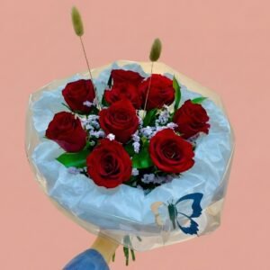 elegant red rose bouquet – white wrap with 3d silver butterfly