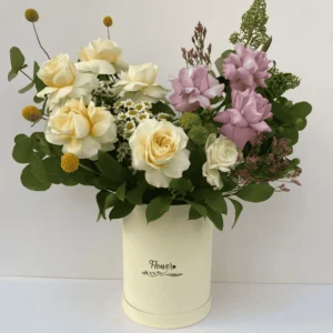 elegant mixed rose arrangement with craspedia & limonium