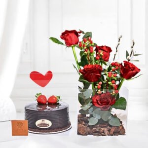 feeling loved tray personalized cake sit in acrylic box with stunning red roses and heart shaped topper