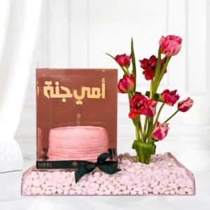 pinkish tulips cake tray featuring your personalized cake arranged withvibrant two toned pink tulips, and topper all sit on clear acrylic tray.