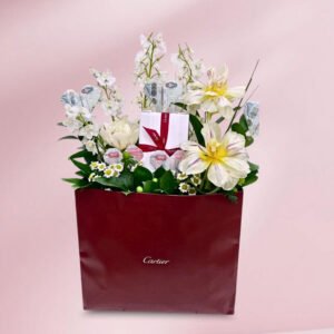 luxury flower arrangement white tulips, delphiniums, and santini white