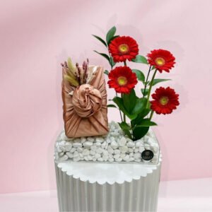 luxury floral & personalized gift wrapped in satin fabrics on acrylic base
